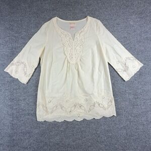 Toffee Apple Blouse Womens Large White Embroidered Crochet 3/4 Bell Sleeve Tunic